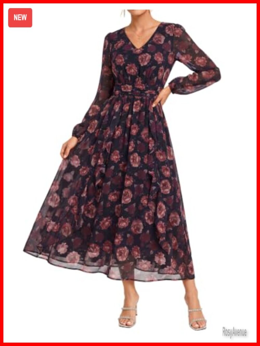 Womens Floral Chiffon Long Sleeve A-Line Semi Formal Maxi Dress